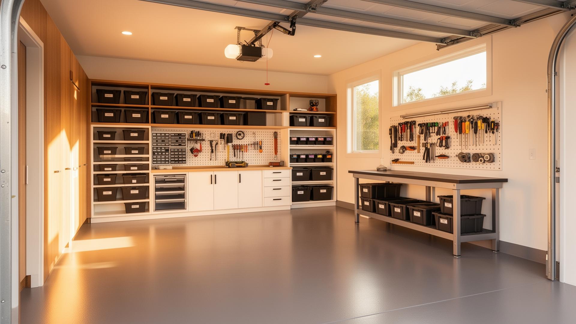 A clean, organized garage with custom shelving and storage
